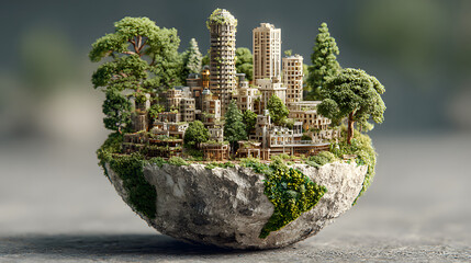 Miniature eco city on a floating island miniature city