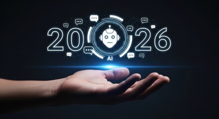 Fototapeta premium Artificial intelligence is presented in 2026, representing technological innovation and automation