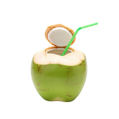 Natural and hydrating coconut water served authentically in a young green coconut shell with a single straw on isolated transparent background.