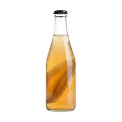 A clear glass bottle of effervescent, bubbly kombucha tea, showing the SCOBY culture within, on isolated transparent background.