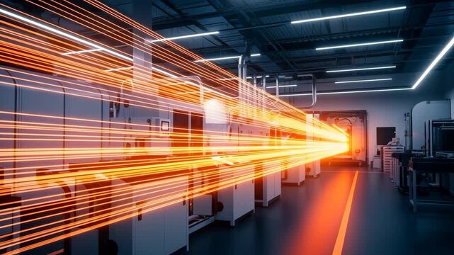 Orange light trails are transferring data between different machines in a smart factory, showcasing the concept of automation and data exchange in modern industrial environments