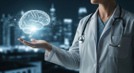 A doctor holds a digital brain illustration, representing advancements in neurological research and healthcare