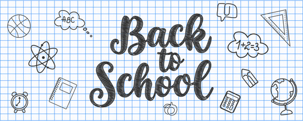 Back to School lettering on a blue grid notebook background, surrounded by hand-drawn school-related icons. Great for classroom posters, educational printables, and web design