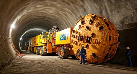 A large tunnel boring machine shown inside a newly constructed tunnel with two engineers present.