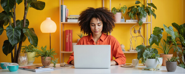 Woman sits at a desk, using a laptop in a colorful, vibrant office with plants. She wears an orange blouse and sits in a well-equipped workspace with a lamp, coffee mug and greenery.