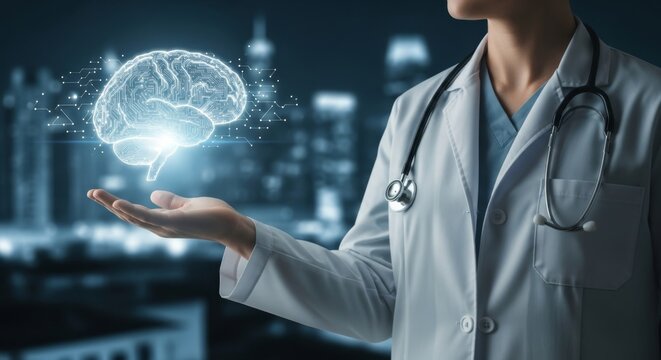 A doctor holds a digital brain illustration, representing advancements in neurological research and healthcare
