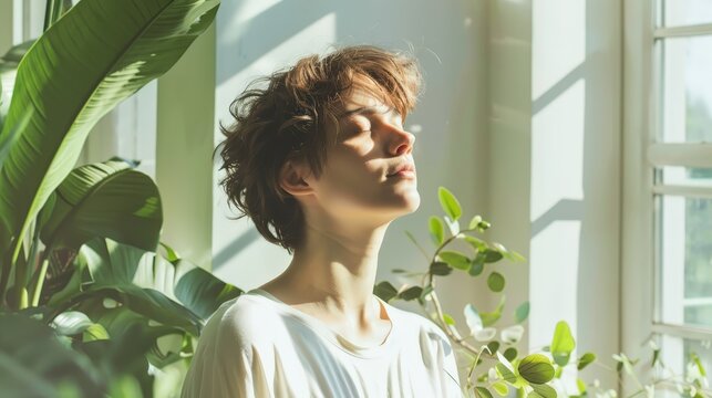 A person with short, wavy hair stands with their eyes closed, taking a deep, calming breath in a room filled with sunlight and lush green leaves, embodying peace and tranquility