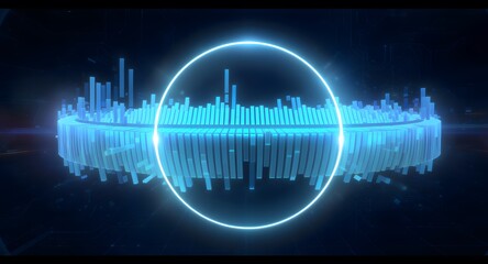 Abstract digital data visualization. Glowing blue ring encircles data streams and bars in a dark background. A modern visualization of complex data processes.