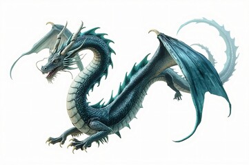 Teal dragon fantasy art, isolated, white background, game asset