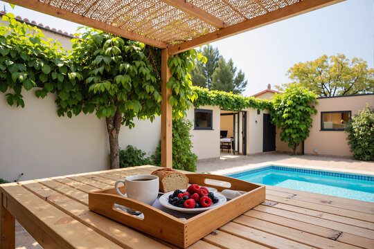 Healthy breakfast with coffee and fresh berries served on a wooden tray by the swimming pool at a luxury villa, representing a relaxing summer vacation and holiday lifestyle