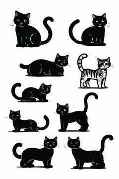 Set of Funny Cats in Line Drawing Styl