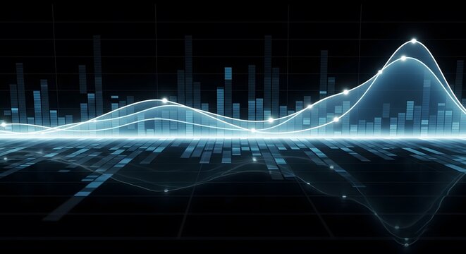 Abstract visualization of data flow with glowing light trails over a grid background reflecting a digital world. Digital representation of data with luminous lines and pixelated blocks. - Powered by Adobe