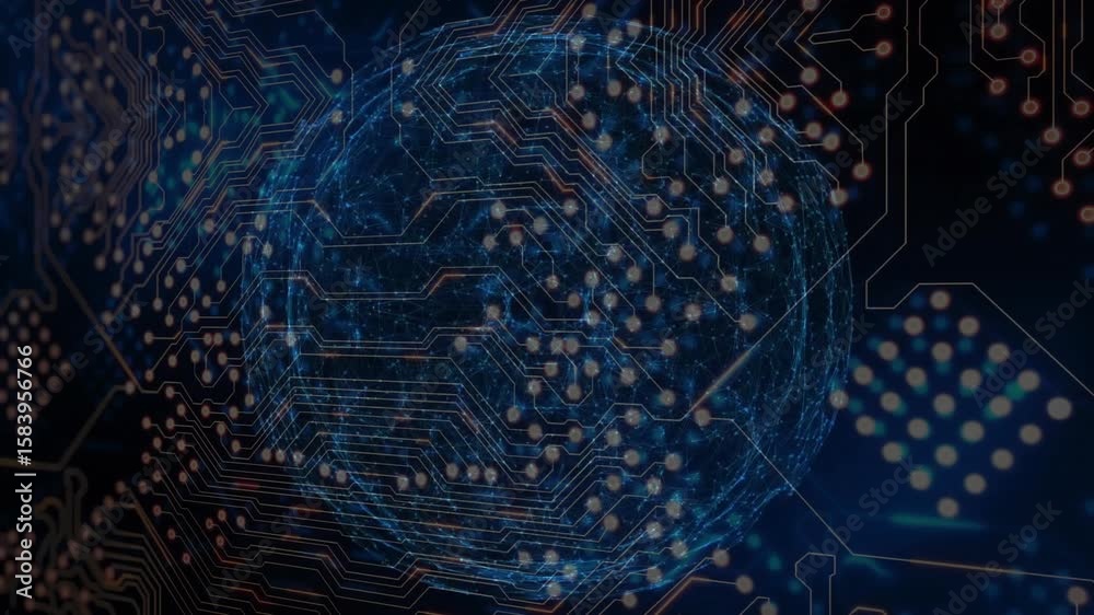 Poster circuit pattern lighting data sphere emerging rotating pulsing shaping fading visualizing data flow
