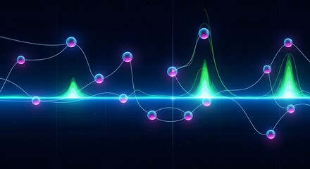 Abstract digital data visualization with glowing lines and nodes in neon colors on dark background representing information flow