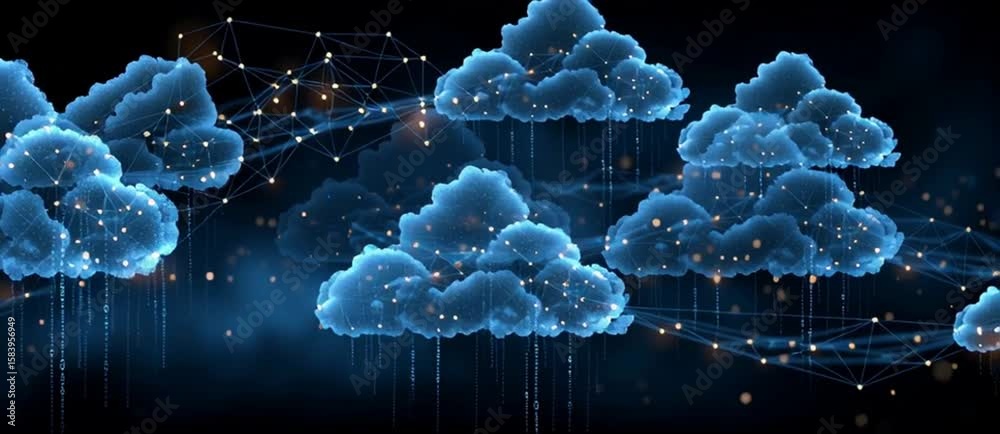 Poster a cloud technology background with a blue color and glowing elements on the right side, cloud icons 