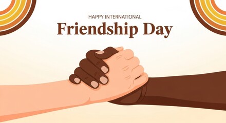 A graphic illustration celebrating international friendship day with diverse hands clasped together in unity