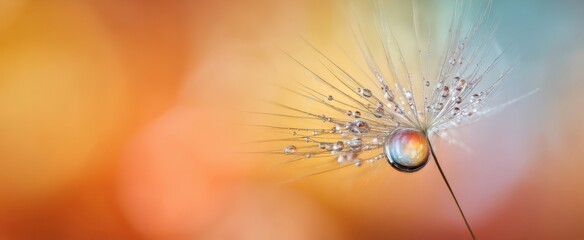 The delicate dandelion seed adorned with a colorful water droplet.