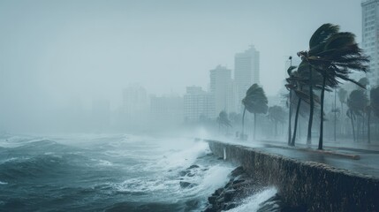 The stormy ocean waves crash against the urban shoreline under a foggy sky.
