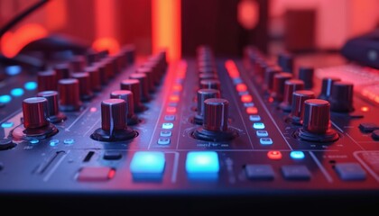 DJ mixer setup with control buttons, knobs on dark stage. Red, blue channel control buttons, audio input jacks, illuminated interface, mixing console, pro sound equipment, futuristic design, modern