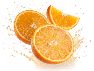 A vibrant display of sliced oranges with a splash of juice against a clean white background scene