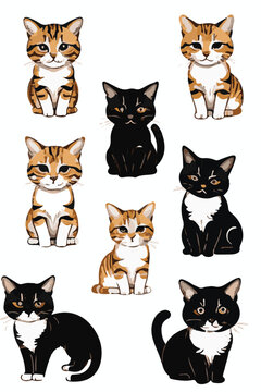 Set of Funny Cats in Line Drawing Styl