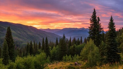 The breathtaking sunset over a serene mountain landscape with lush greenery.