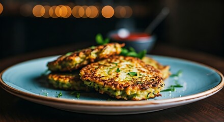 A stack of zucchini fritters is artistically presented on a blue plate, garnished with fresh herbs.