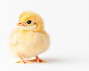 Fototapeta premium A fluffy yellow chick stands on a white background, looking slightly to the side with its tiny beak and delicate feathers visible.