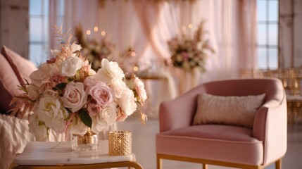 Blush pink and champagne toned living room with elegant decor and sunlight