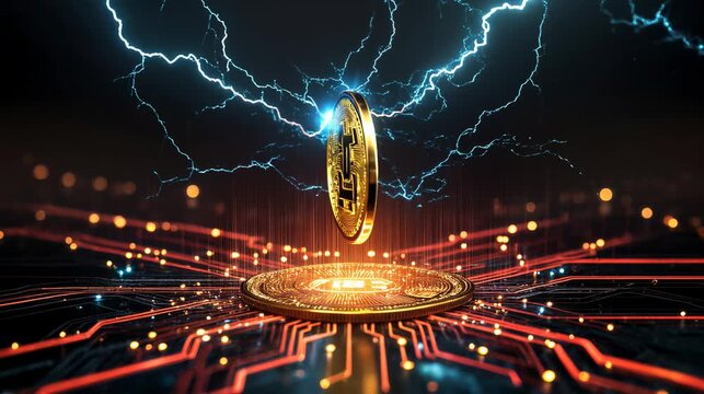 A gold Bitcoin surrounded by bolts of electricity with lights and wires