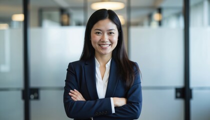 Young Filipino woman with long brown hair, blue jacket, black pants stands in corporate office setting. Wears white collared shirt, gives off pro appearance against gray background. Businesswoman,