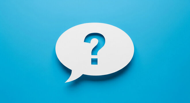 White speech bubble with question mark cutout on blue background, symbolizing inquiry, question, or FAQ concept