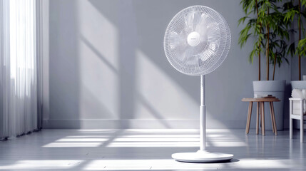 Standing electric fan in a sunlit domestic setting against a backdrop of green plants