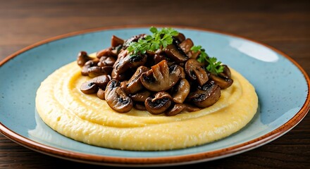 Delicious mushroom dish presented on polenta and a blue plate, served with parsley garnish.