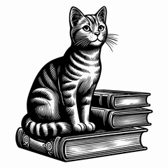 Cat sitting on stacked books