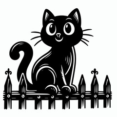 Black cat sitting on wooden fence