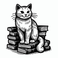 Cat sitting on stacked books