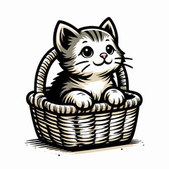 Cute kitten sitting in wicker basket