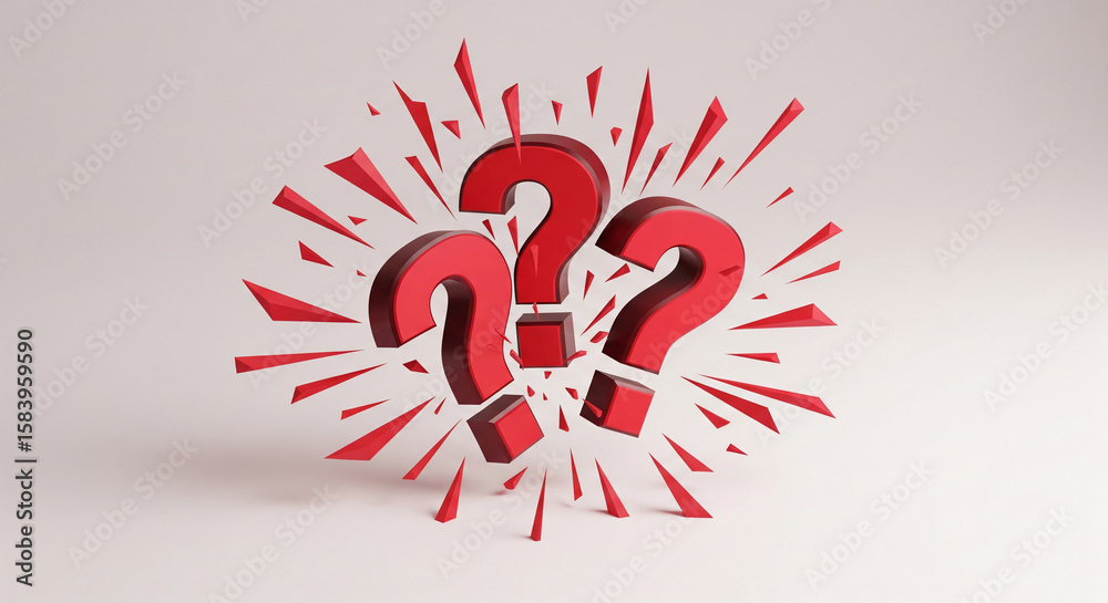 Poster Red question marks exploding into red shards against a white background, symbolizing uncertainty, questions, or a need for answers, ideal for inquiry-related concepts