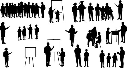 Set of teacher and student silhouette interactions, educational concept vector with children and adults in various learning scenes