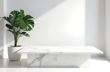 Empty marble white table top with green plant, stylish interior design of living room