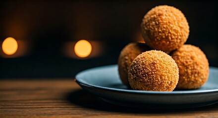 Golden fried balls on a gray plate against a dark background with bokeh light, presented elegantly.