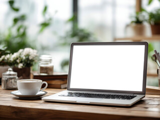 Laptop with Blank Screen and Coffee on Wooden Table in Bright Workspace