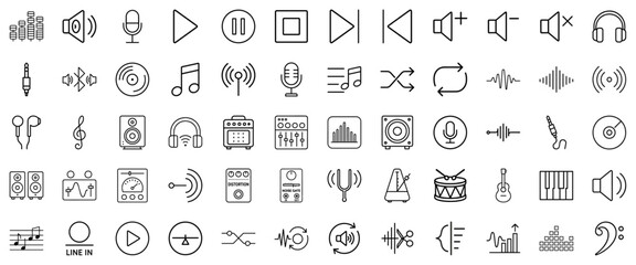 Audio and music equipment icons set in a minimalist line art style, in black and white, representing sound production and musical instruments for media applications