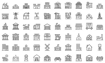 Building and architecture icons set in a clean line art style, containing house, office, bank, school, hotel, shop, university and hospital icons