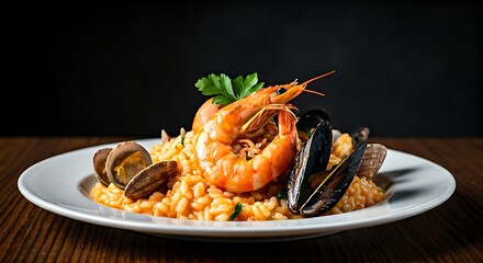 Appetizing seafood risotto showcases plump shrimp, mussels, and clams on a glossy white plate.
