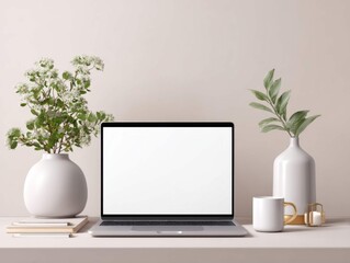 Open laptop with bar graph analytics on clean white background