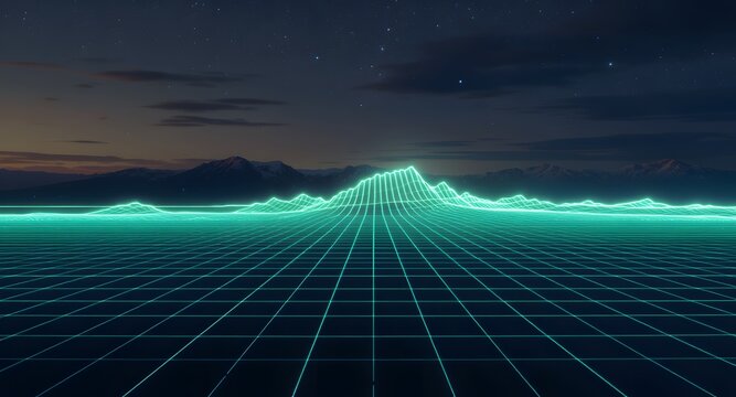 Abstract digital landscape with grid lines and mountains in teal against a starry sky