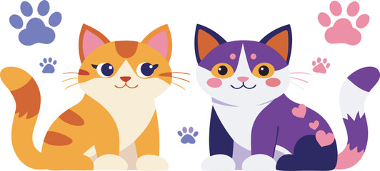 Fototapeta premium Two cute cartoon cats with paw prints isolated on a white background