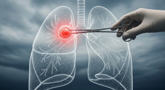 A surgeon uses forceps to remove a cancerous tumor from a lung during surgery